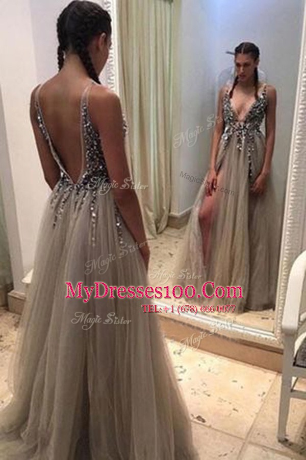 Fashionable Champagne Backless Formal Dresses Beading Sleeveless Sweep Train