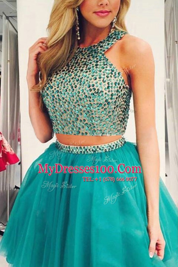 Turquoise Organza Zipper Scoop Sleeveless Knee Length Prom Dresses Beading