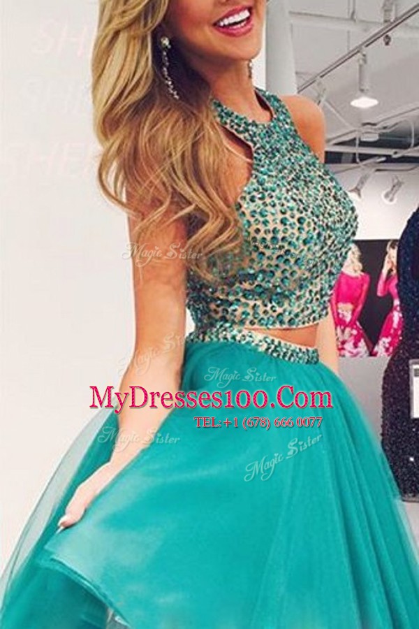 Turquoise Organza Zipper Scoop Sleeveless Knee Length Prom Dresses Beading
