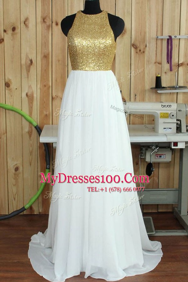 Excellent Scoop Sleeveless Chiffon Formal Dresses Sequins Sweep Train Backless