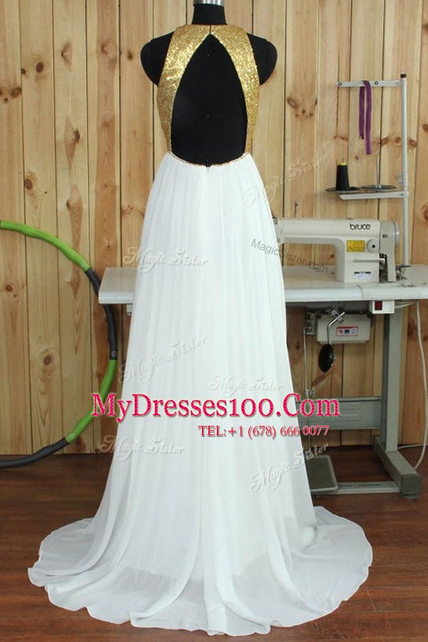 Excellent Scoop Sleeveless Chiffon Formal Dresses Sequins Sweep Train Backless
