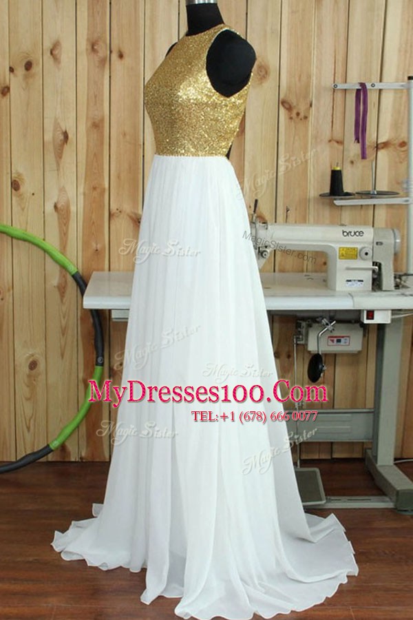 Excellent Scoop Sleeveless Chiffon Formal Dresses Sequins Sweep Train Backless