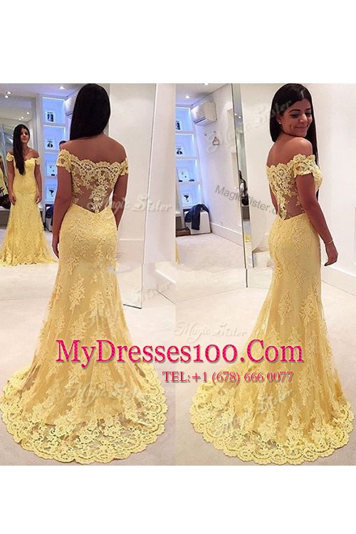 Lace Off The Shoulder Sleeveless Brush Train Side Zipper Lace Evening Dress in Yellow