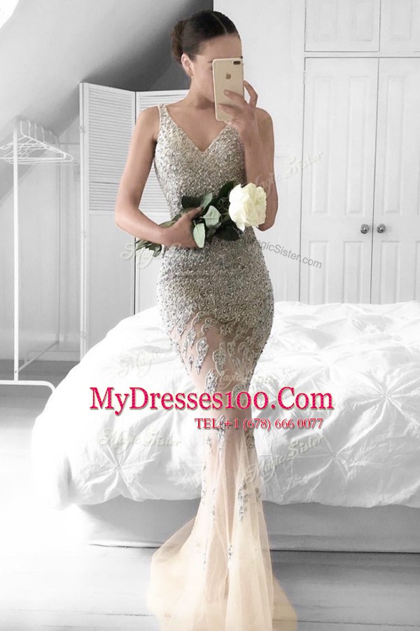 Glamorous Mermaid Champagne Tulle Zipper Evening Wear Sleeveless Sweep Train Beading and Lace