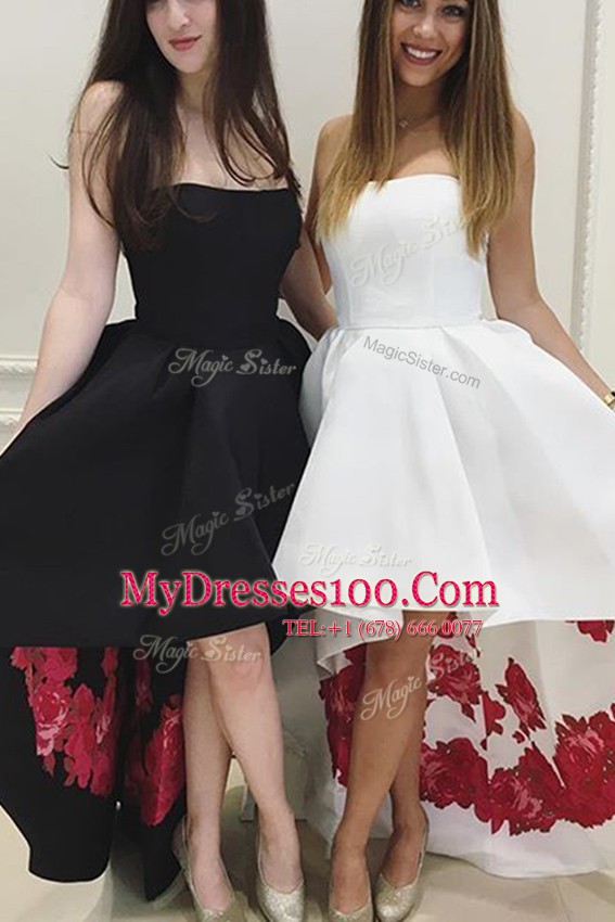 High Low Black Cocktail Dresses Satin and Printed Sleeveless Pattern