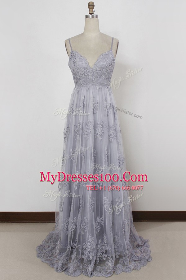 Perfect Grey Tulle Backless Prom Evening Gown Sleeveless With Train Sweep Train Appliques