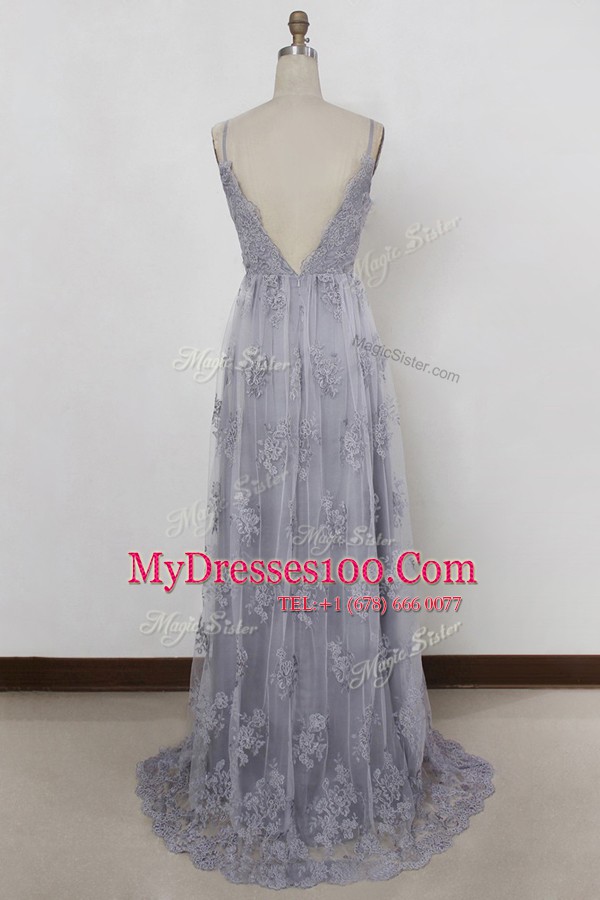 Perfect Grey Tulle Backless Prom Evening Gown Sleeveless With Train Sweep Train Appliques