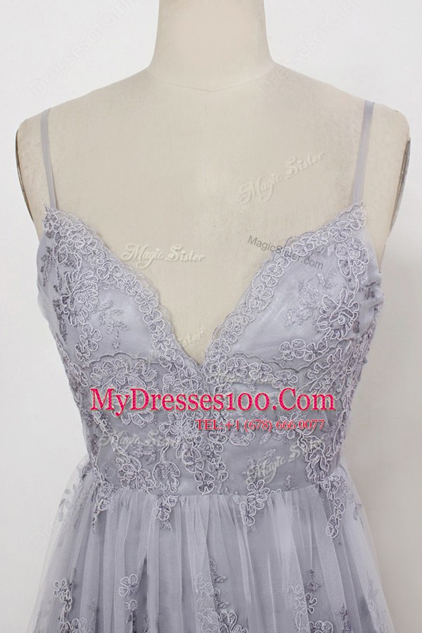 Perfect Grey Tulle Backless Prom Evening Gown Sleeveless With Train Sweep Train Appliques