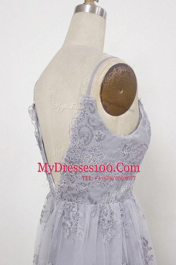 Perfect Grey Tulle Backless Prom Evening Gown Sleeveless With Train Sweep Train Appliques