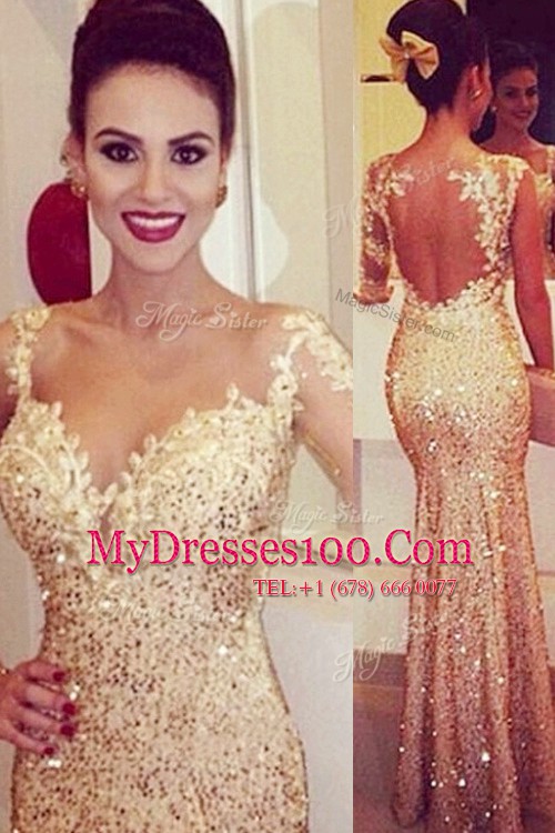 Hot Selling Mermaid Gold Sweetheart Neckline Lace and Appliques and Sequins Long Sleeves Backless