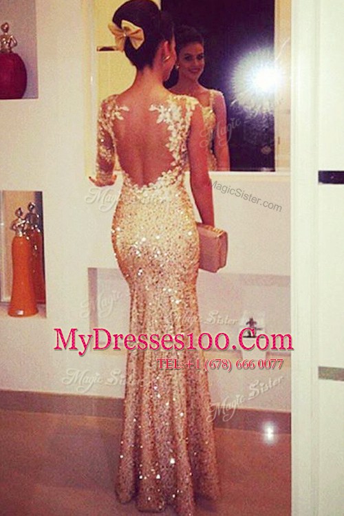 Hot Selling Mermaid Gold Sweetheart Neckline Lace and Appliques and Sequins Long Sleeves Backless