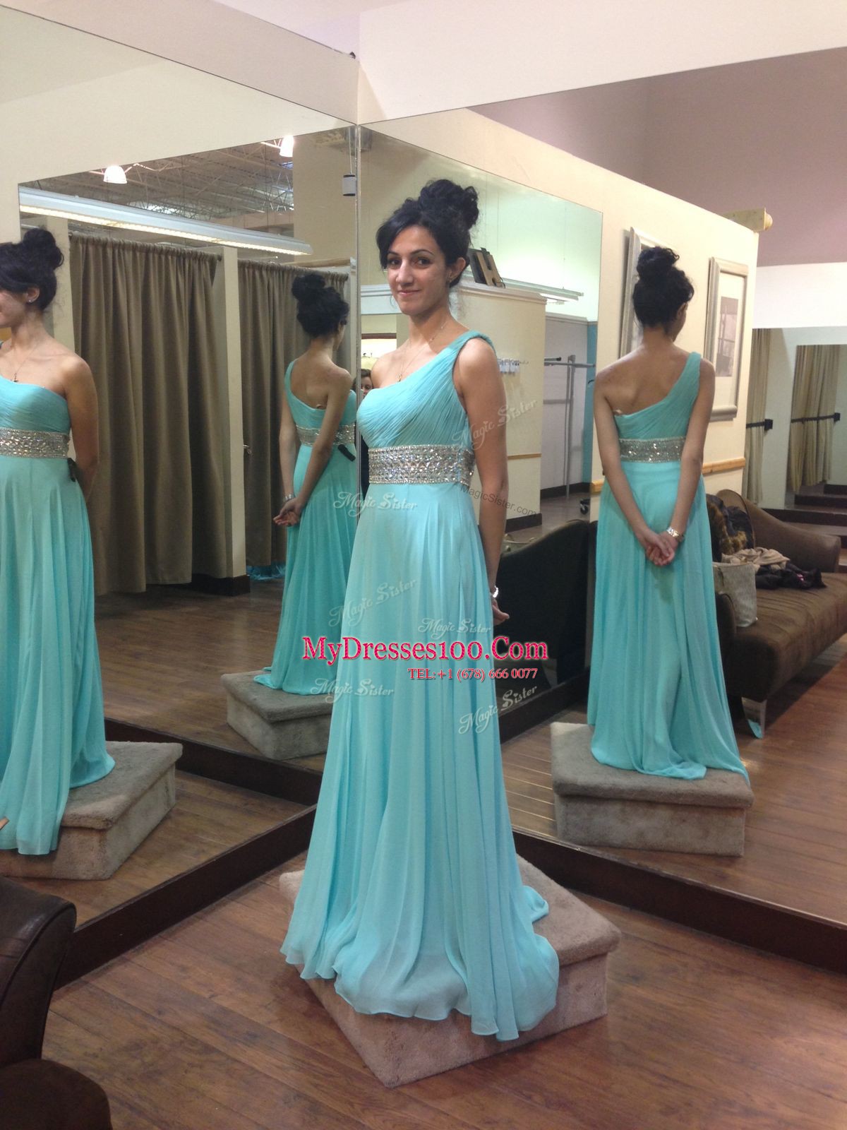 Beauteous One Shoulder Sleeveless Chiffon Prom Dress Beading Sweep Train Zipper