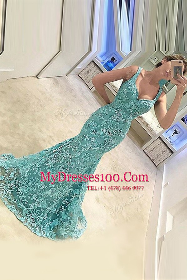 Wonderful Mermaid Sleeveless Sweep Train Zipper With Train Appliques Prom Evening Gown