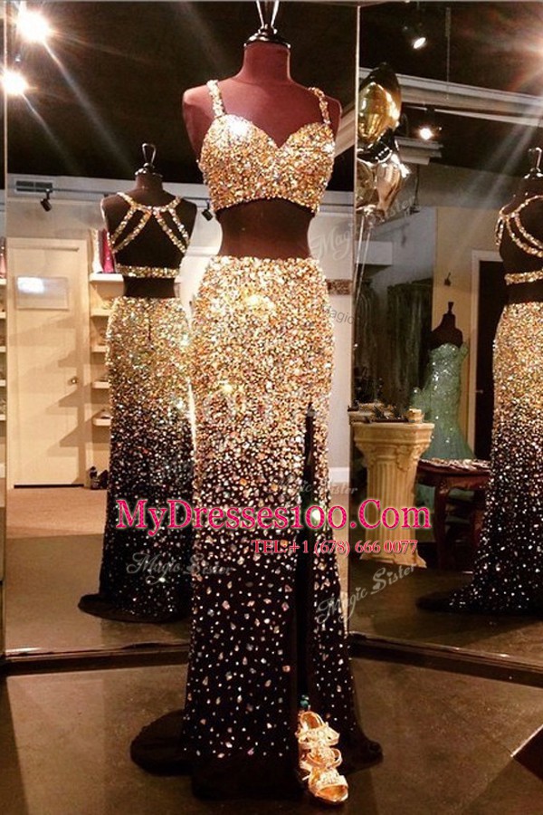 Shining Mermaid Sleeveless Sweep Train Backless With Train Beading Prom Dresses