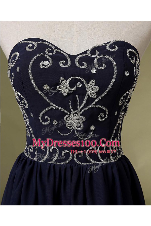 Stunning Navy Blue Chiffon Zipper Sweetheart Sleeveless Knee Length Embroidery