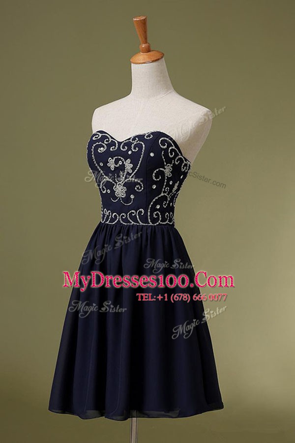 Stunning Navy Blue Chiffon Zipper Sweetheart Sleeveless Knee Length Embroidery