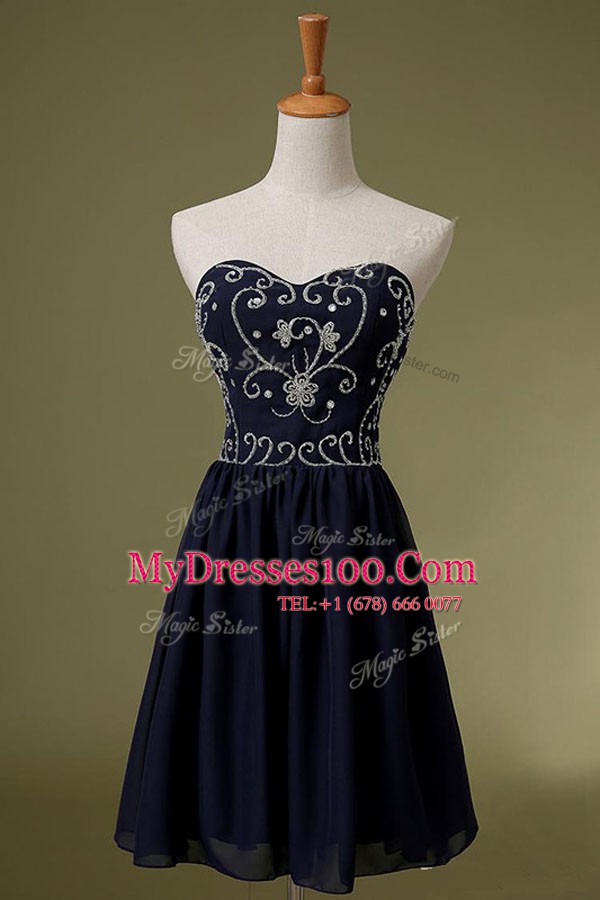 Stunning Navy Blue Chiffon Zipper Sweetheart Sleeveless Knee Length Embroidery