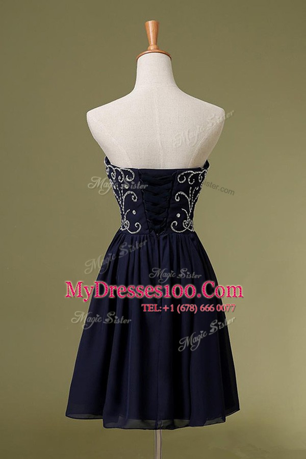 Stunning Navy Blue Chiffon Zipper Sweetheart Sleeveless Knee Length Embroidery