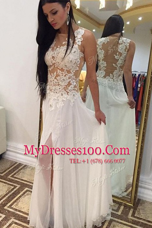 Dramatic White A-line Bateau Sleeveless Chiffon Floor Length Zipper Beading and Lace