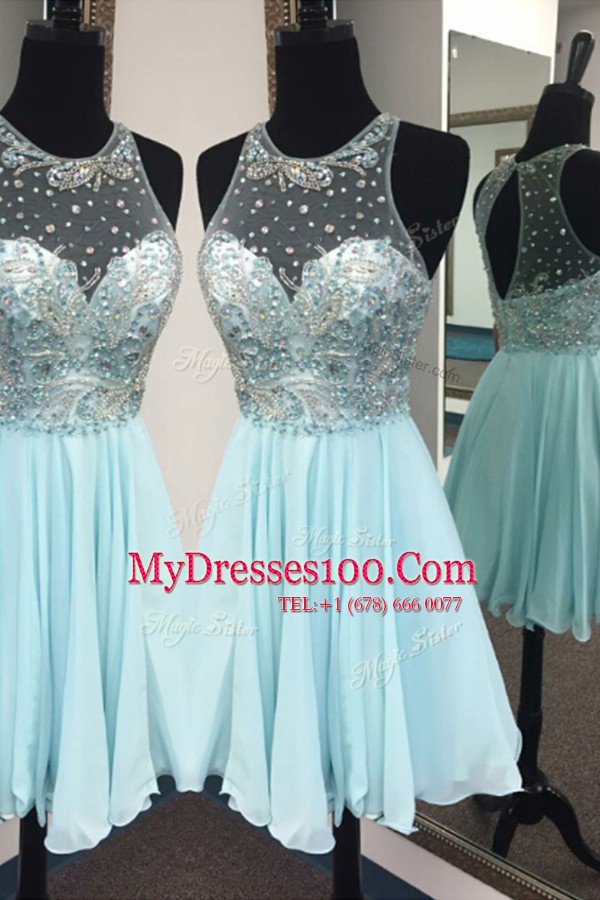 Delicate Scoop Light Blue Sleeveless Knee Length Beading Zipper Prom Gown