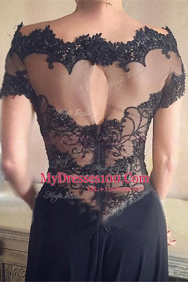 Clearance Black Chiffon Backless Off The Shoulder Short Sleeves Prom Gown Sweep Train Beading and Lace