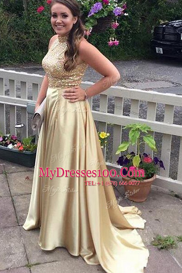 Fashionable With Train Backless Prom Party Dress Champagne for Prom and Party with Beading Sweep Train