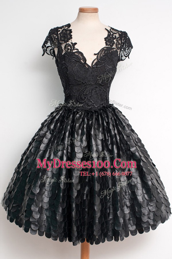 Cap Sleeves Knee Length Lace Zipper Party Dress Wholesale with Black