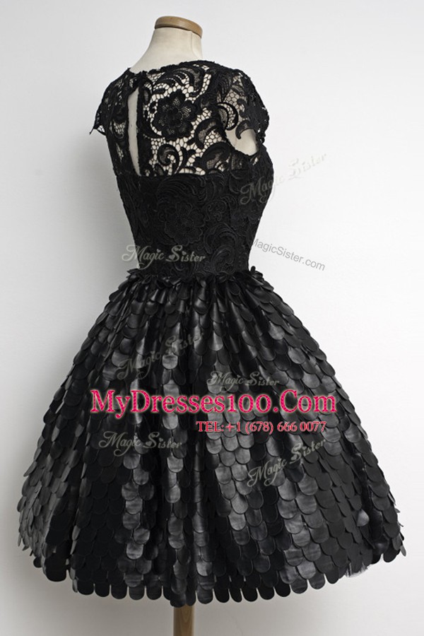 Cap Sleeves Knee Length Lace Zipper Party Dress Wholesale with Black