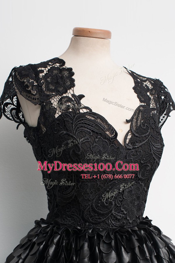 Cap Sleeves Knee Length Lace Zipper Party Dress Wholesale with Black