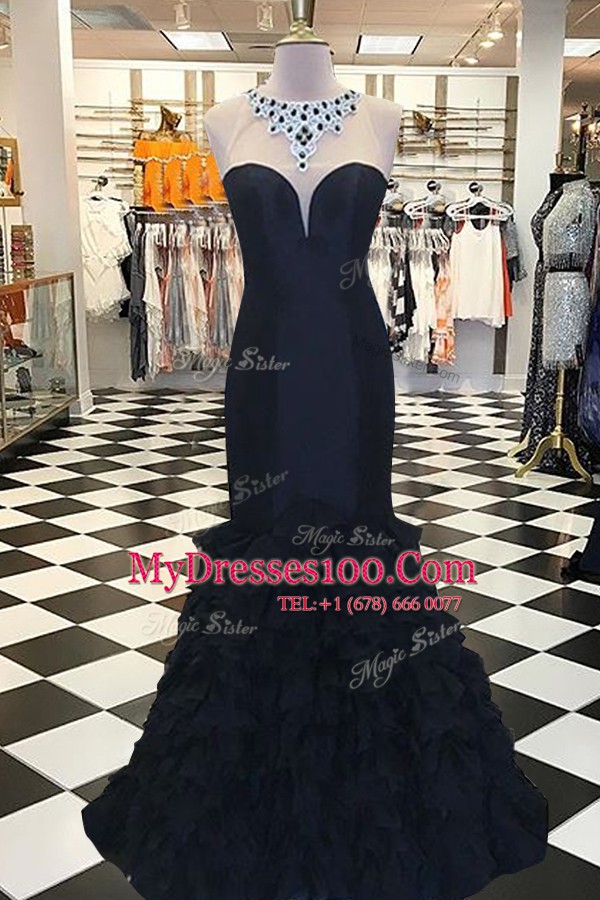 Dazzling Black Mermaid Elastic Woven Satin Scoop Sleeveless Beading Side Zipper Sweep Train