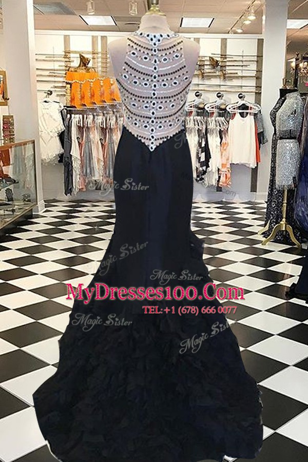 Dazzling Black Mermaid Elastic Woven Satin Scoop Sleeveless Beading Side Zipper Sweep Train