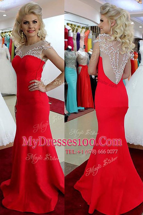 Custom Made Mermaid Scoop Red Sleeveless Beading Floor Length Prom Dresses
