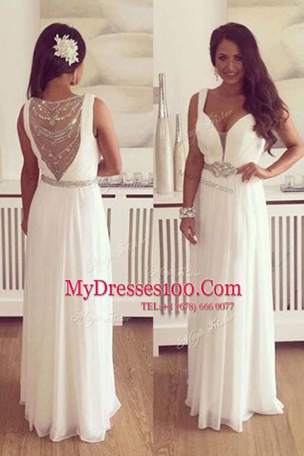 A-line Evening Dress White V-neck Chiffon Sleeveless Floor Length Zipper