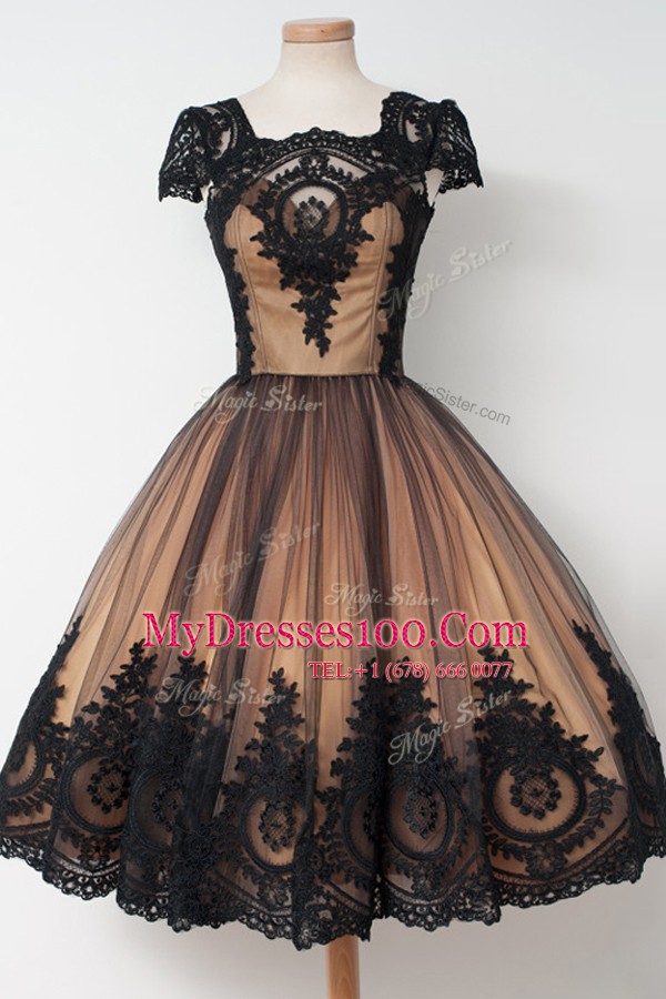 Comfortable Tulle Square Cap Sleeves Zipper Lace Club Wear in Black