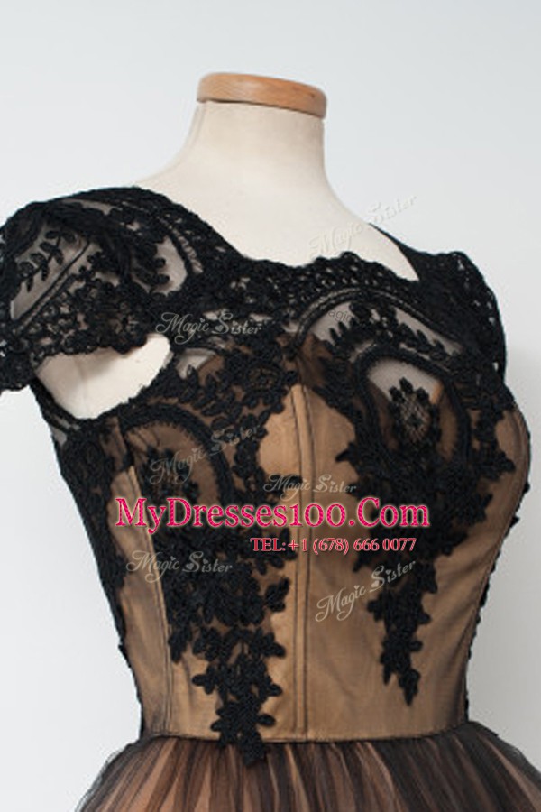 Comfortable Tulle Square Cap Sleeves Zipper Lace Club Wear in Black