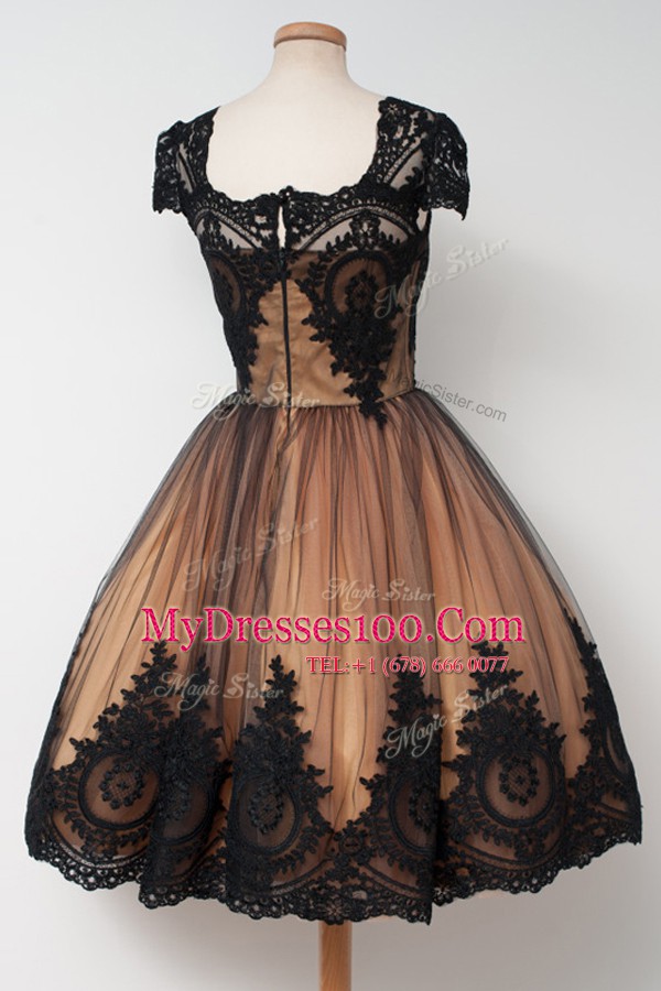 Comfortable Tulle Square Cap Sleeves Zipper Lace Club Wear in Black