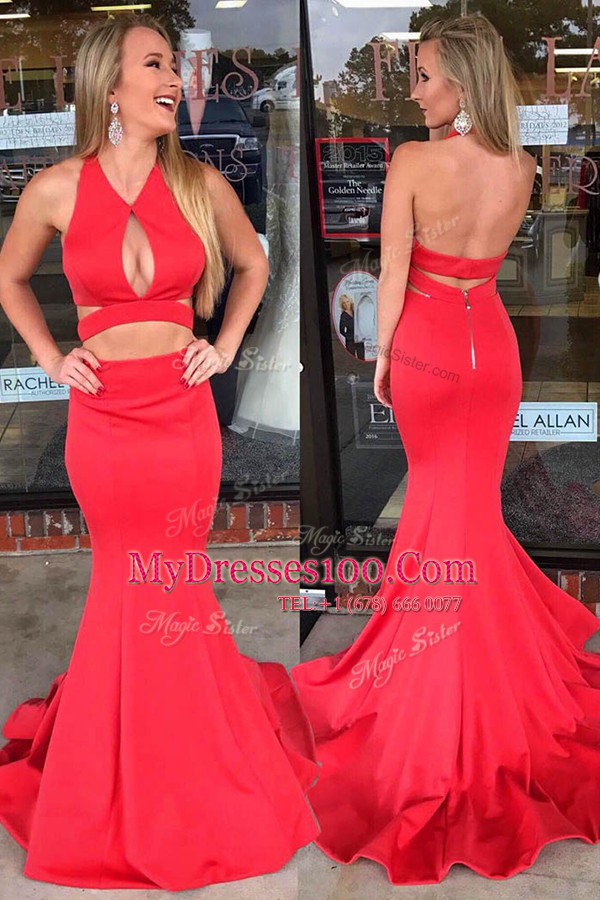 Mermaid Red Backless V-neck Ruching Prom Evening Gown Elastic Woven Satin Sleeveless Sweep Train