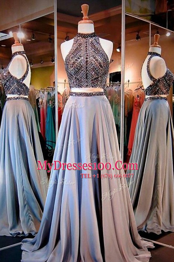 High-neck Sleeveless Backless Evening Dress Lavender Chiffon