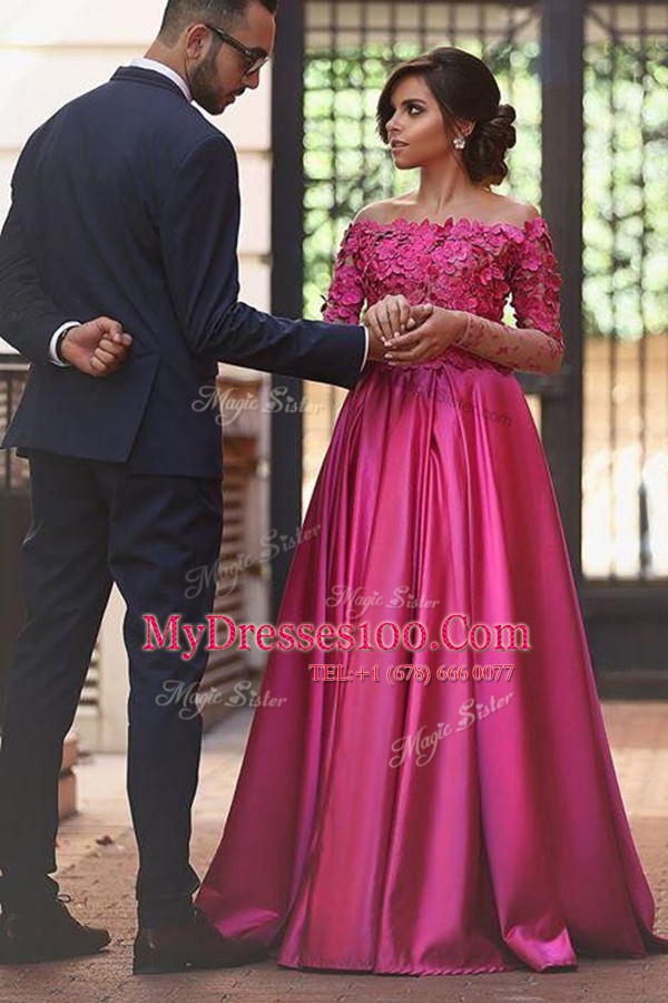 Glorious Fuchsia Off The Shoulder Zipper Appliques Dress for Prom Sweep Train Long Sleeves