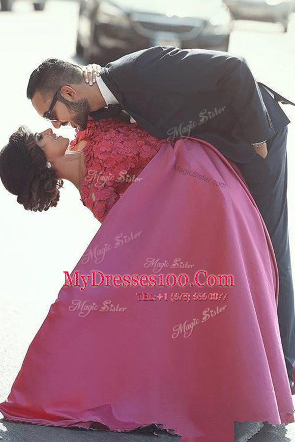 Glorious Fuchsia Off The Shoulder Zipper Appliques Dress for Prom Sweep Train Long Sleeves
