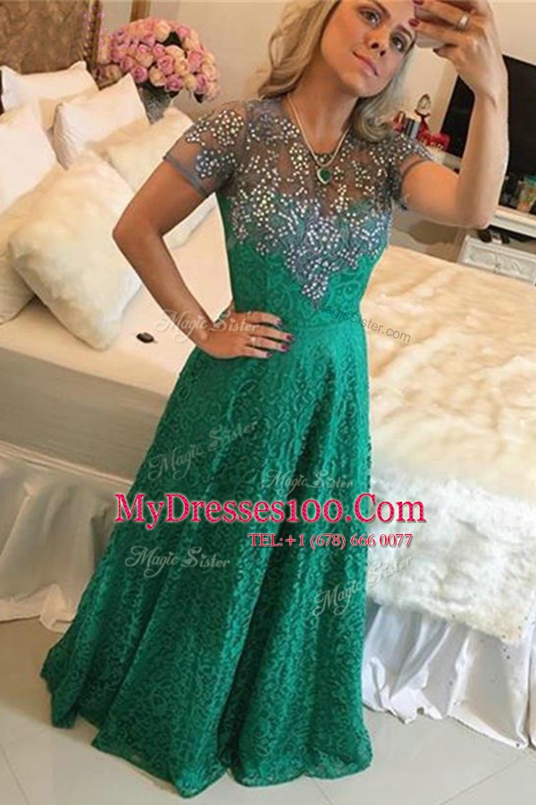 Comfortable Lace Green Scoop Zipper Beading Evening Dress Short Sleeves