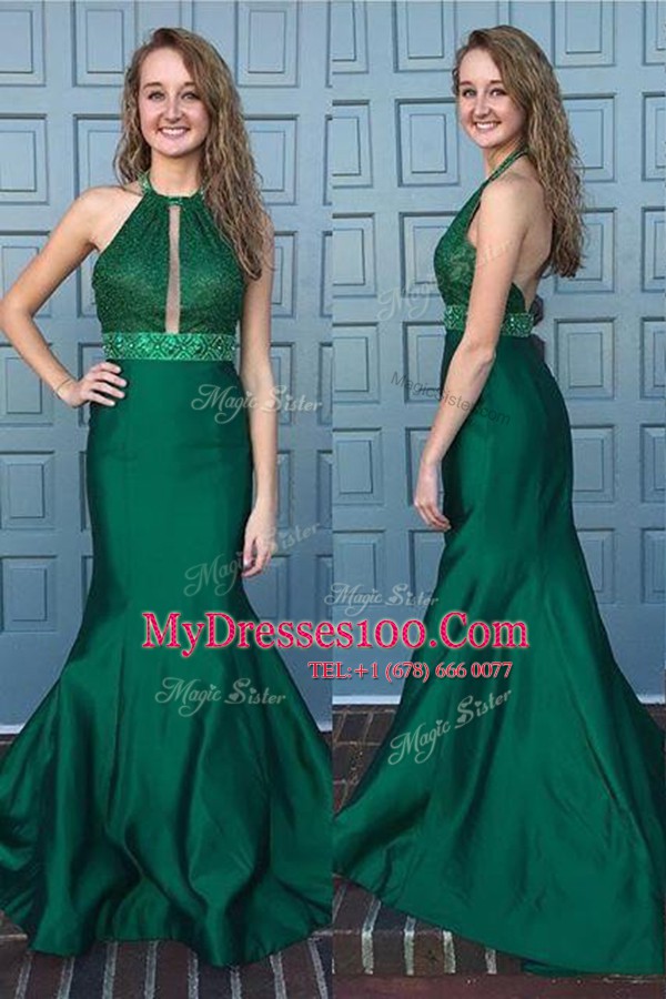 Admirable Green Mermaid Satin Halter Top Sleeveless Beading and Lace With Train Backless Homecoming Dress Sweep Train