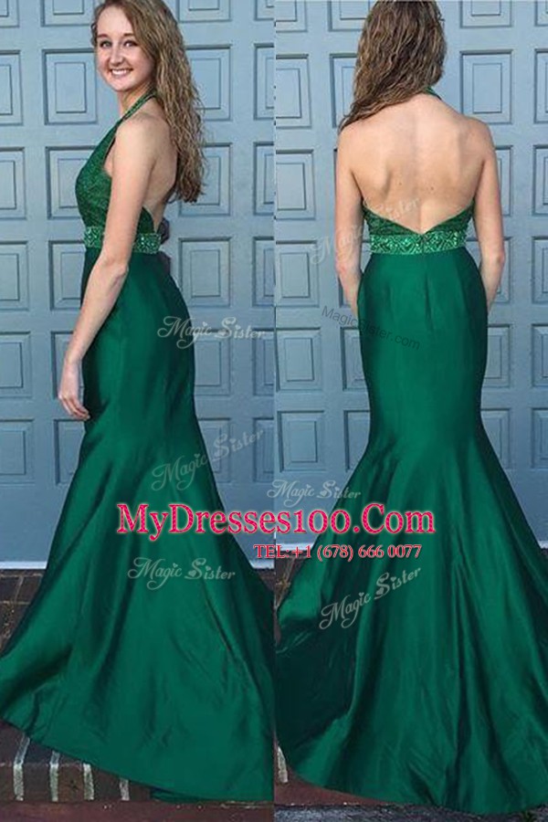 Admirable Green Mermaid Satin Halter Top Sleeveless Beading and Lace With Train Backless Homecoming Dress Sweep Train