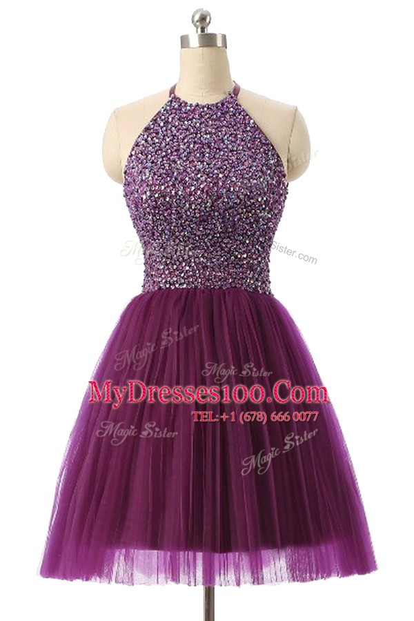 Stylish Purple Zipper Halter Top Sequins Evening Dress Tulle Sleeveless