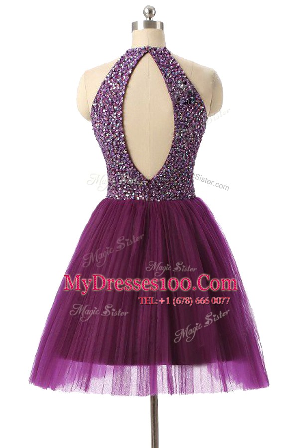 Stylish Purple Zipper Halter Top Sequins Evening Dress Tulle Sleeveless