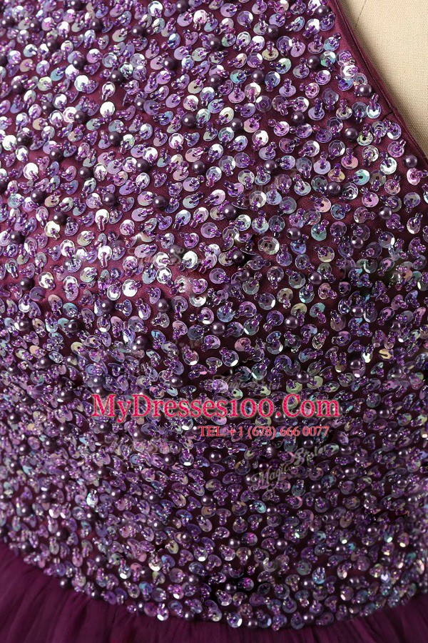 Stylish Purple Zipper Halter Top Sequins Evening Dress Tulle Sleeveless