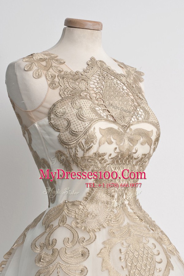 Lovely Champagne High-neck Neckline Lace Cocktail Dress Sleeveless Zipper
