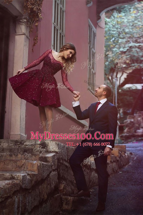 Nice Scoop Burgundy Long Sleeves Beading Knee Length Going Out Dresses