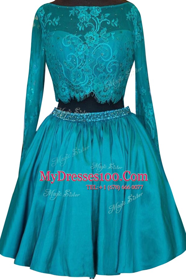 Teal Long Sleeves Beading and Lace Mini Length