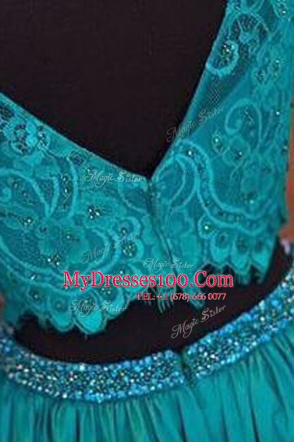 Teal Long Sleeves Beading and Lace Mini Length